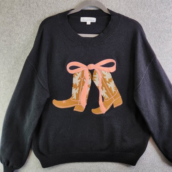 Threaded Leaf Sweater L Black Cowgirl Boots Big Pink Bow Western Rodeo Party - Picture 5 of 15